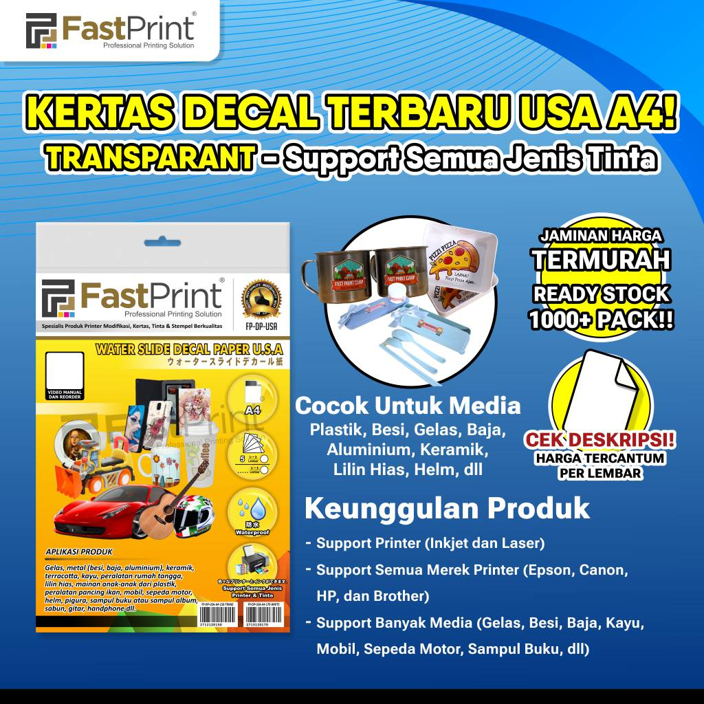 

Fast Print Kertas Water Slide Decal Paper USA Transparan A4 150 Gram