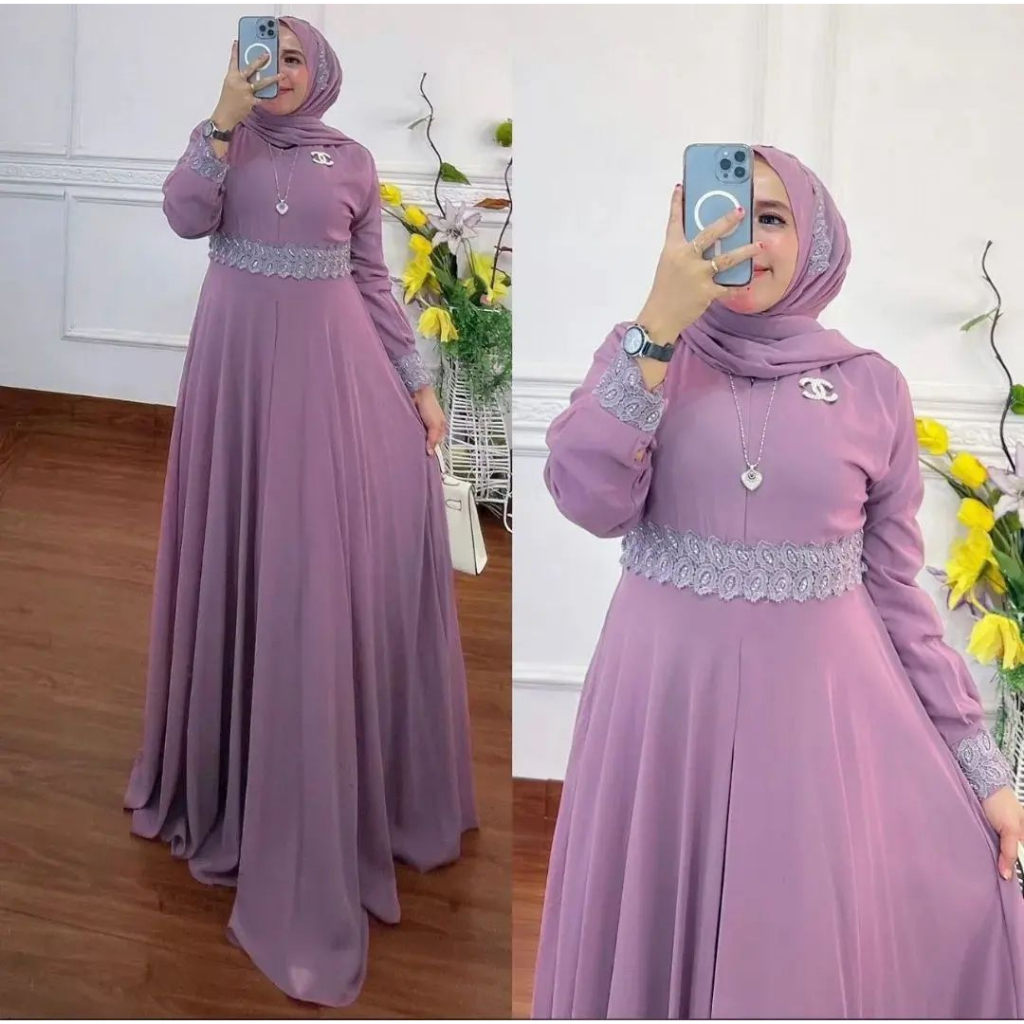 Nayla Set Pashmina l Gamis Muslim Wanita Kekinian 2in1 Matt Ceruty Babydoll l Dress Maxy Mix Renda Fashion Terlaris