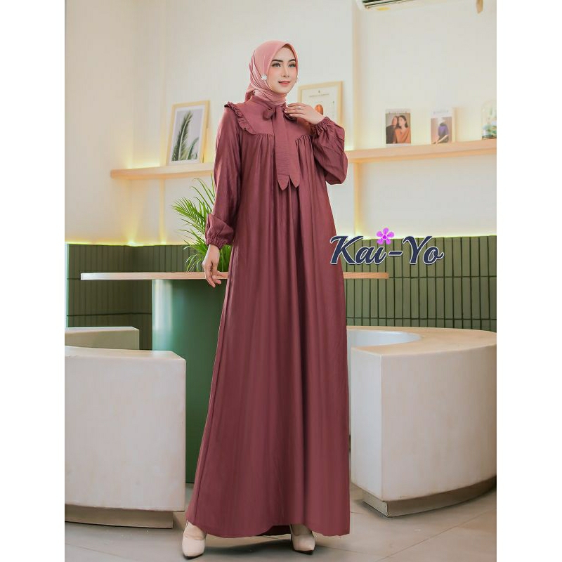 KAIYO FASHION - Gamis Kerah Dasi Angelo Crush Dress Muslim Busui (Cocok Untuk Pengajian, Ke Mall, Ac