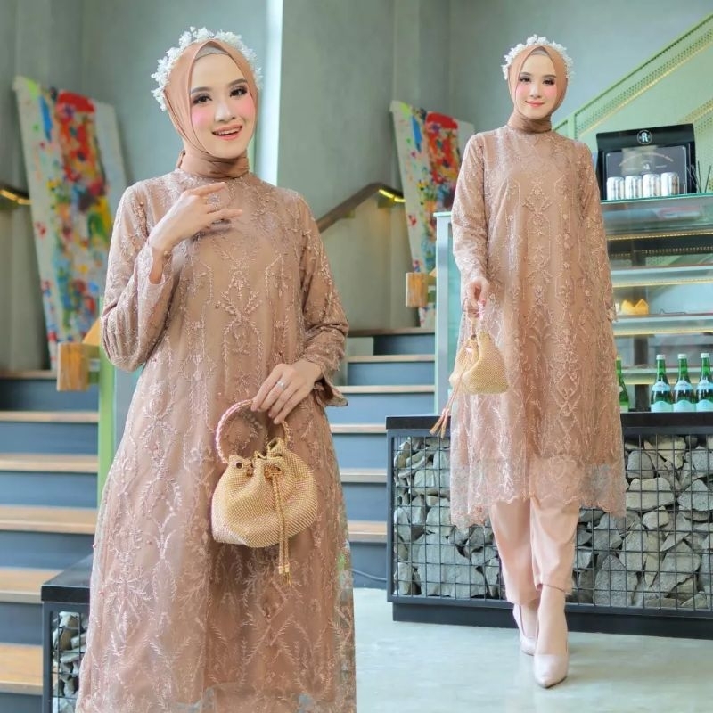 Setelan Brukat Tunik Modern Jumbo L - XXL One set Pesta Kondangan Wanita Terbaru 2023 - ASTER
