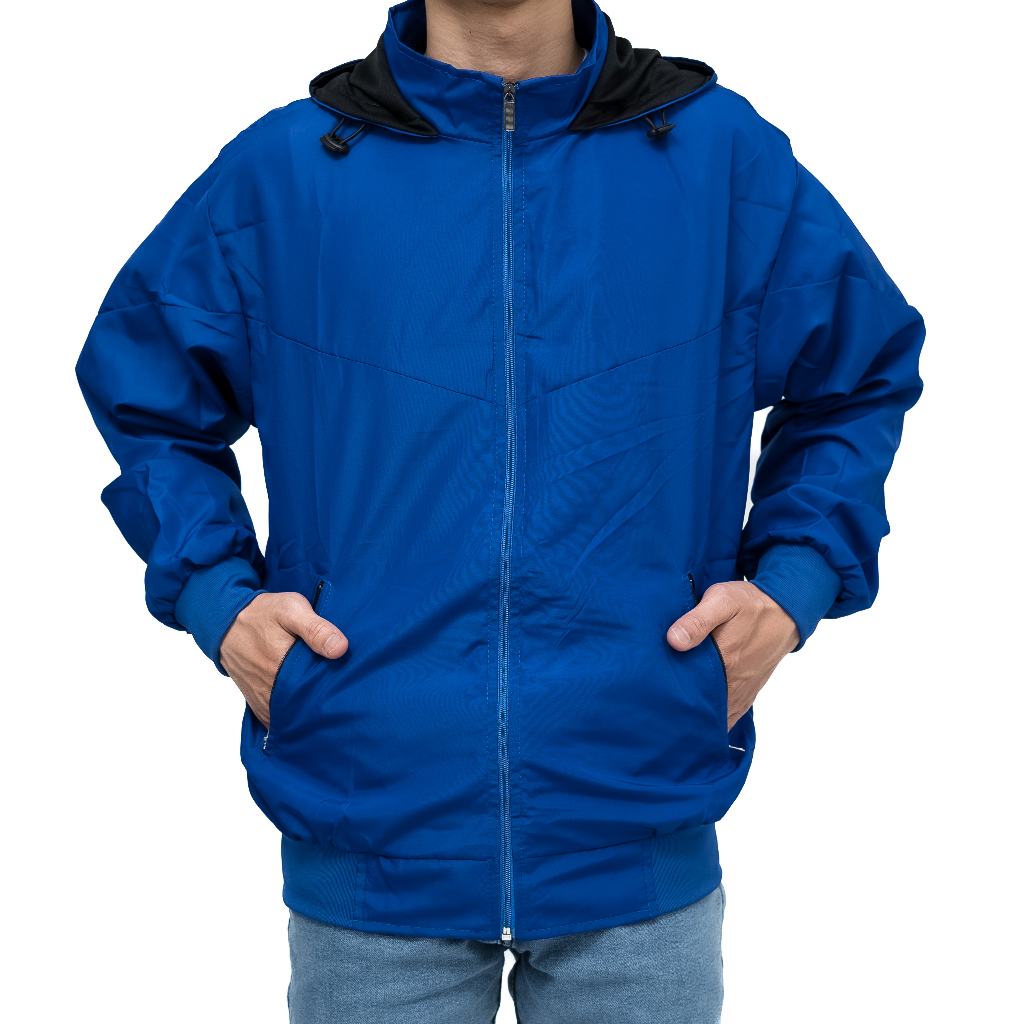 INDO- Jaket Parasut Polos Olahraga Sporty Jogging ,Jacket Olahraga Windrunning Lari Pria Wanita Biru