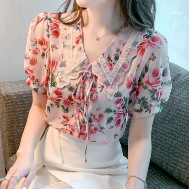 2276 Baju atasan kemeja blouse PATRICIA LACE COLLAR top Lengan pendek motif bunga bunga2 Korea Korea
