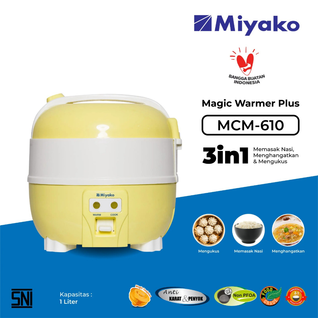 Magic com Miyako MCM610 Rice Cooker 1 Liter - Magic Warmer Plus 3IN1 - Kuning