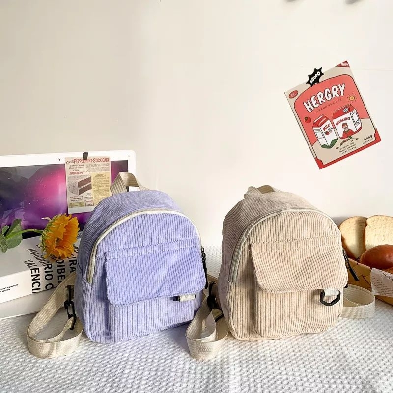 Backpack Mini Corduroy Tas Ransel Kekinian Lucu Kecil Bag Vintage Wanita Korean Aesthetic Style