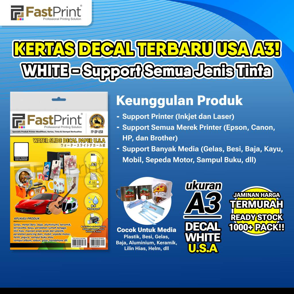 

Kertas Waterslide Decal White USA A3 170 Gr