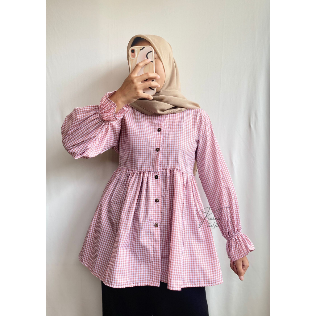 KALEAOUTFIT - NARA BLOUSE SQUARE SIZE M - XL ORIGINAL - ATASAN WANITA MOTIF KOTAK JUMBO MURAH - BAJU