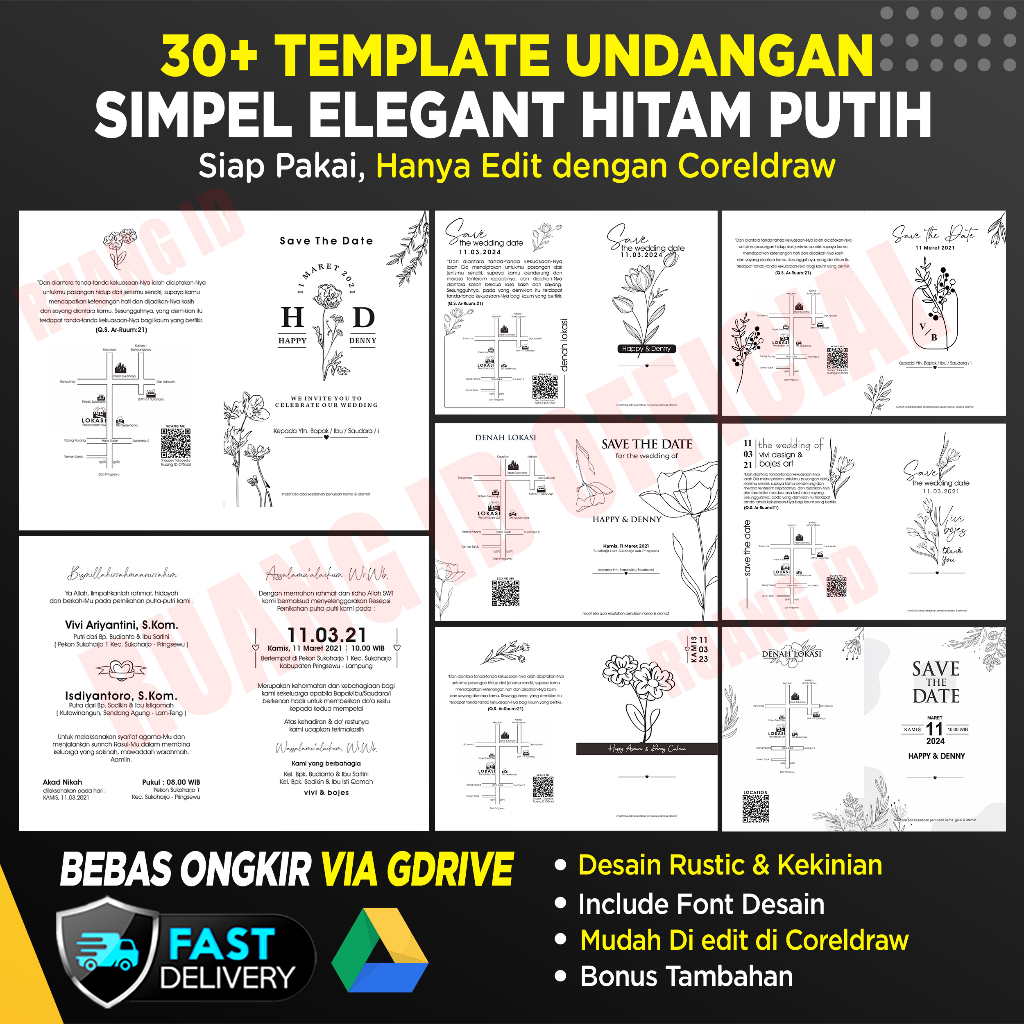 Template Undangan Pernikahan Hemat Tinta Rustic 1 Warna Simple Elegant BW