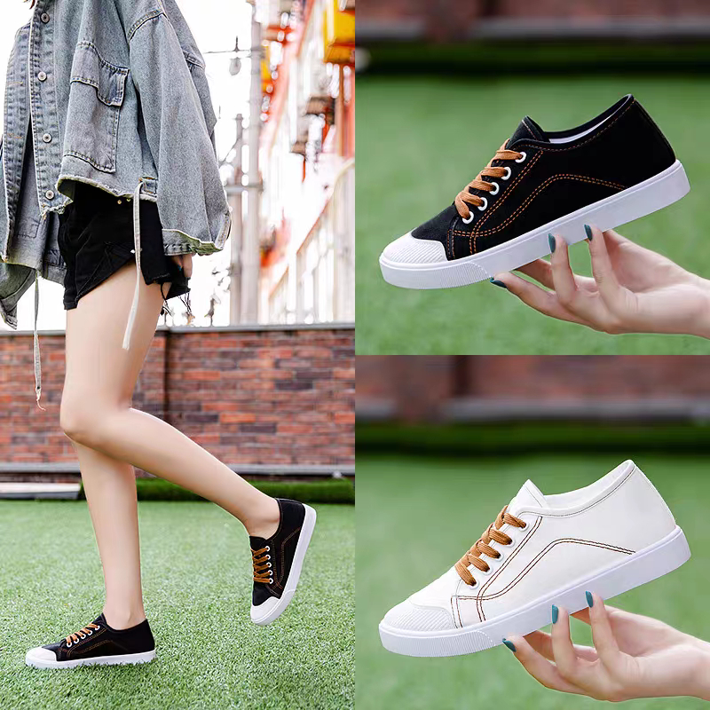 sepatu flat casual perempuan wanita cewek bahan ain canvas warna hitam putih viral terbaru / sepatu 