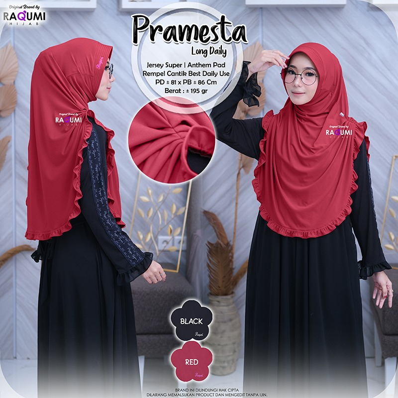 PRAMESTA LONG DAILY HIJAB, HIJAB BERBAHAN JERSEY SUPER DAN AKSEN REMPEL CANTIK BEST DAILY, PAD ANTHE