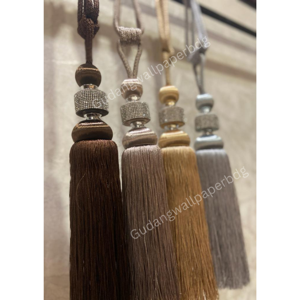 FNy Tassel Tali Gorden Cyrstal Rumbai Mewah Cream Coklat Silver Premium