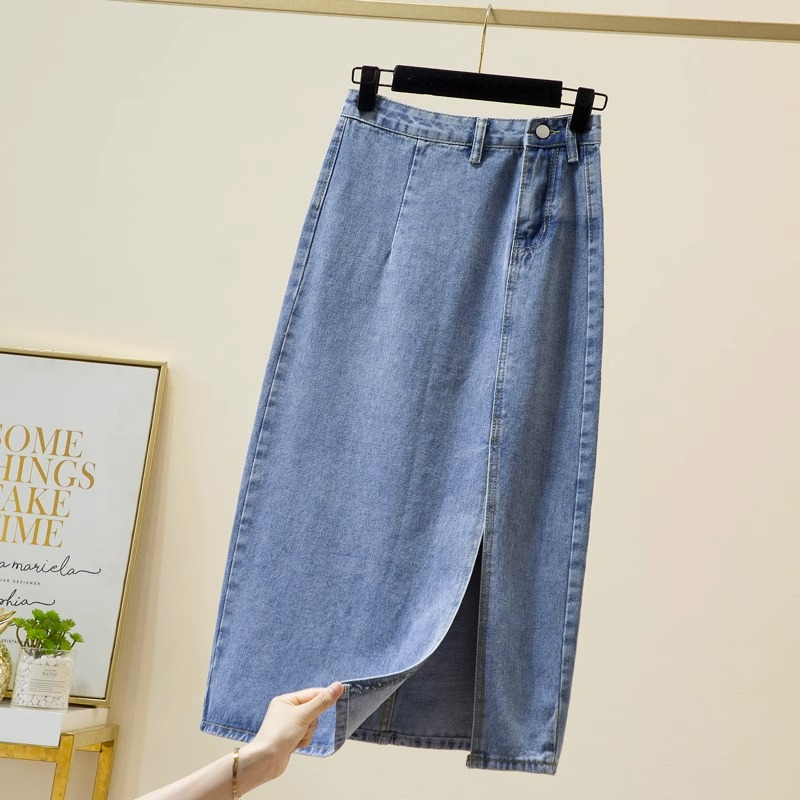 Rok Denim A-Line Pinggang Tinggi Belahan Samping Wanita Korea