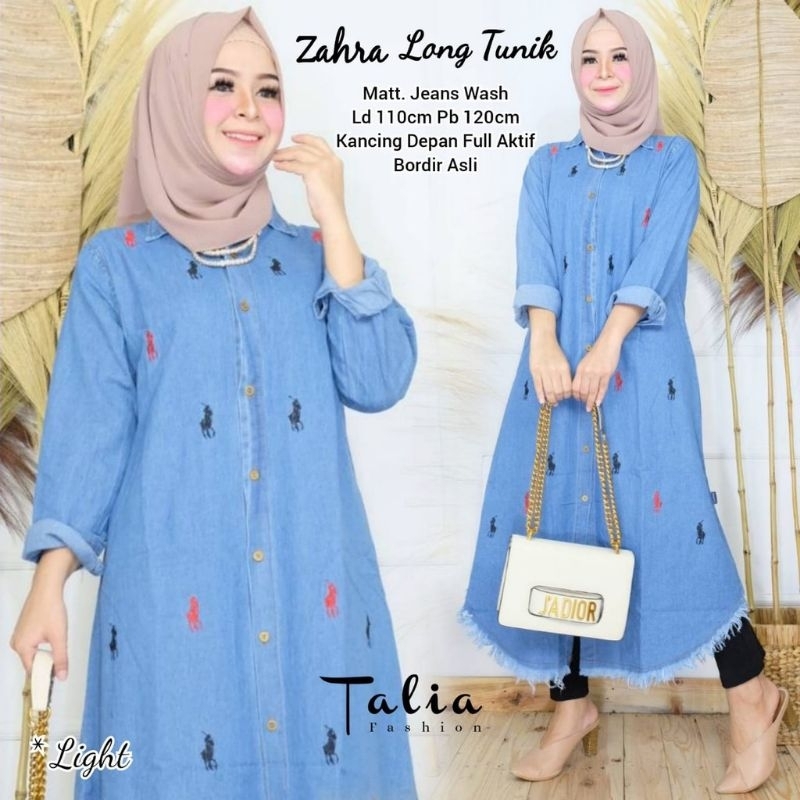 Zahra long tunik jeans atasan wanita remaja dan dewasa long tunik jeans bordir