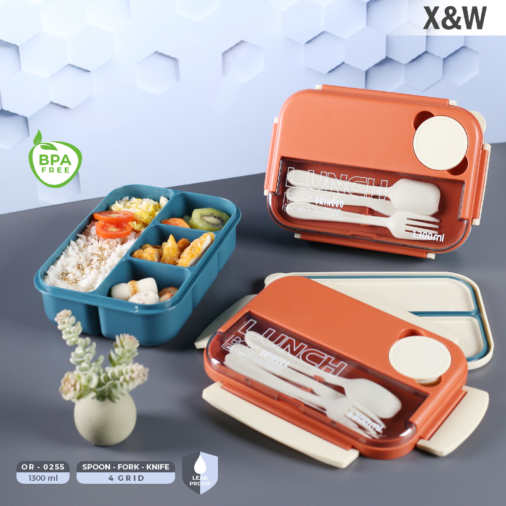 X&W Lunchbox Plastik OR-0255 Kotak Makan 4 Sekat Free Sendok Garpu BPA Free 1300ml Leakproof