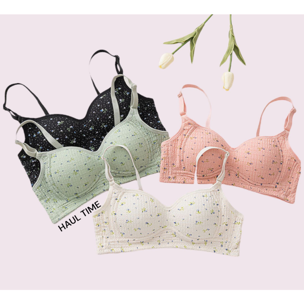 PLS003 BRA WANITA KOREAN STYLE MINI FLOWER BUSA TIPIS FULL COVERAGE BH BRA TANPA KAWAT CEWEK