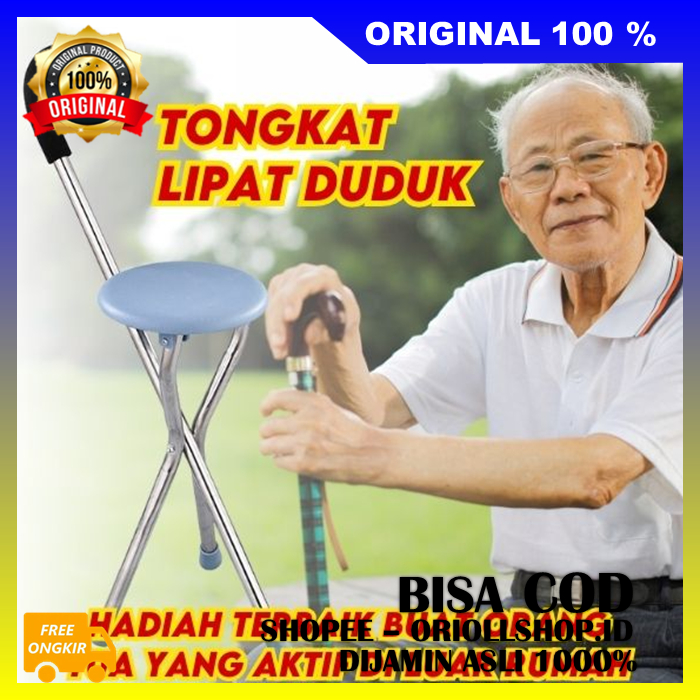 Tongkat Lipat Duduk Tongkat Kursi Lipat 2in1-Tongkat Bantu Jalan 3 Kaki Bisa Dipakai Duduk 100% ASLI