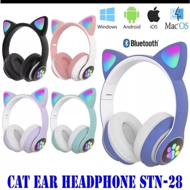 HEADSET STN-28 BLUETOOTH WIRELESS CAT EAR HEADPHONE TELINGA KUCING LED WARNA HITAM/BIRU/UNGGU/PINK/H