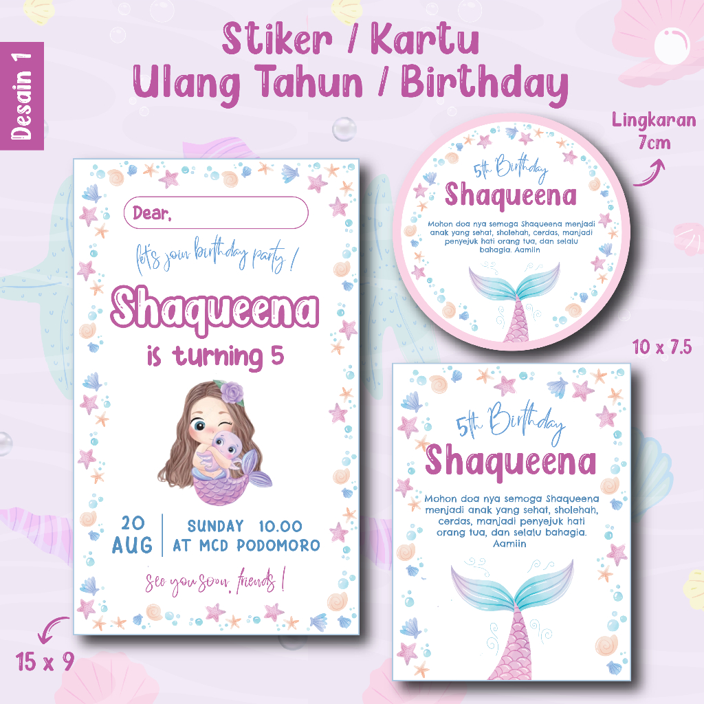 Stiker / Kartu Ulang Tahun Anak / Undangan Ulang Tahun Mermaid