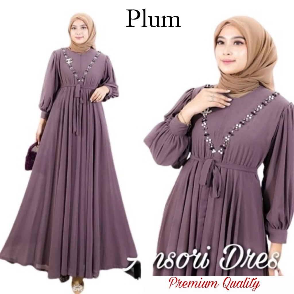 Ansori Dress Kondangan Sage Gamis Wanita Kekinian Busui Friendly Gaun Pesta Muslimah Ceruty Babydoll