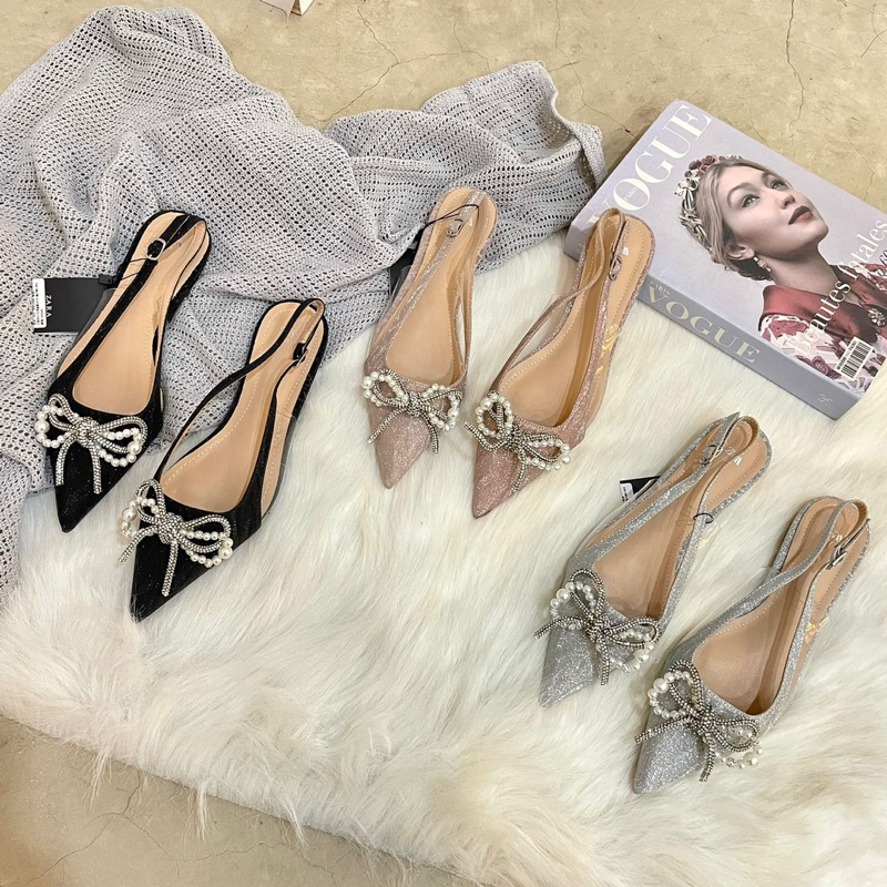 Glitter ribbon flatshoes with pearl by Zara slingbag import high quality fashion shoes sepatu flat w