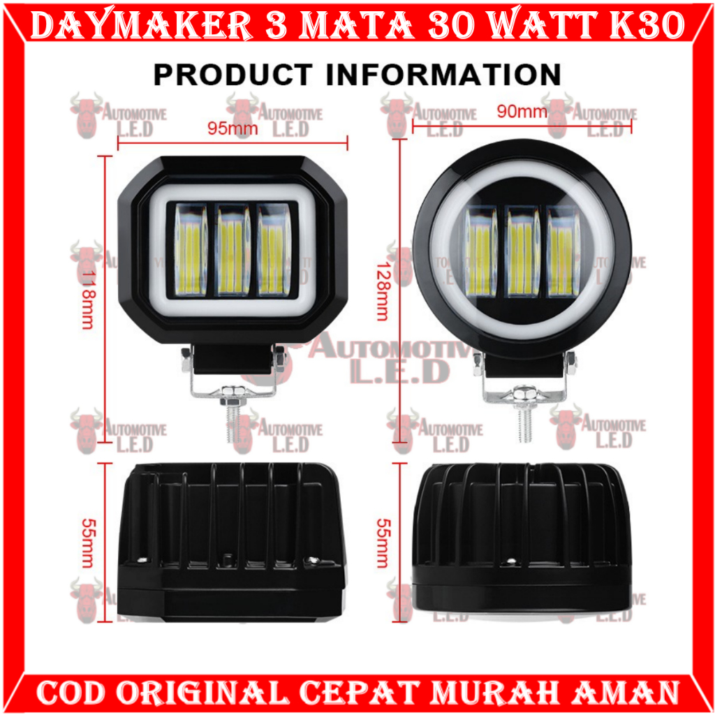 ORIGINAL LAMPU TEMBAK K30 3 MATA 30 WATT BULAT K30 BULAT | LAMPU SOROT 3 MATA BULAT | LAMPU FOGLAMP 3 MATA