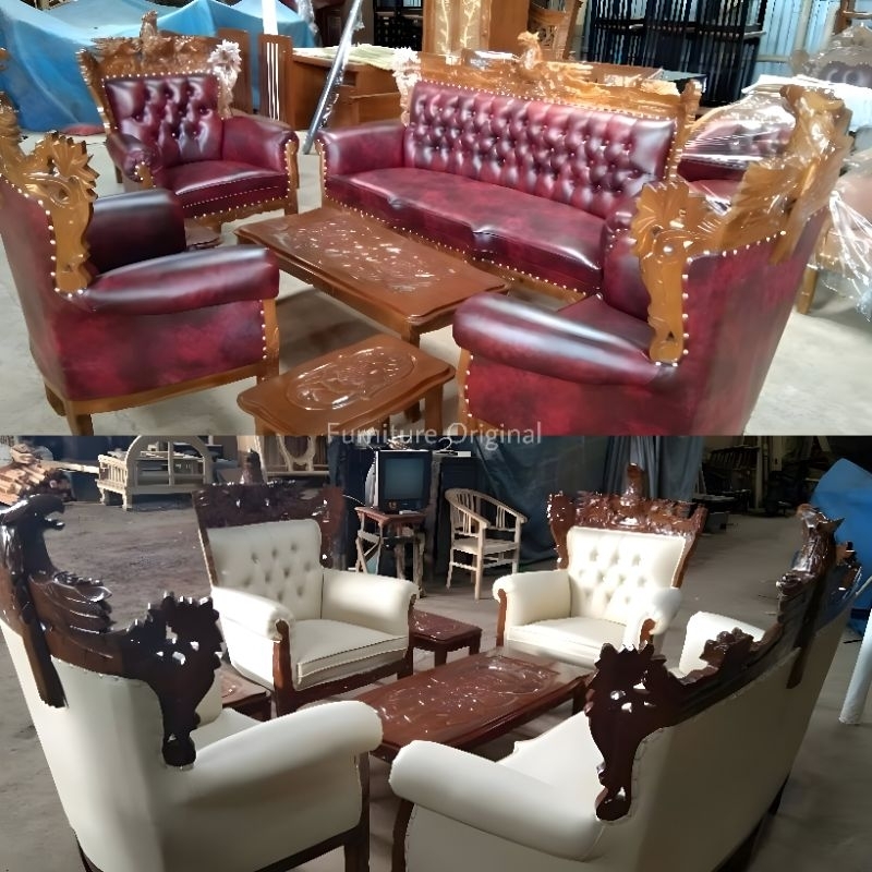 Kursi Jati Romawi Garuda warna Maroon 3111 + 3 Meja Sofa Ruang Tamu Keluarga Mewah