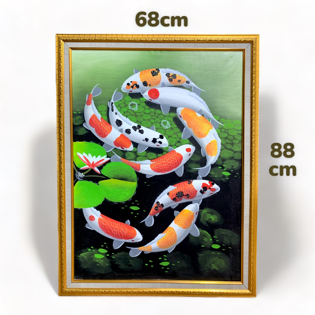 LUKISAN TANGAN IKAN KOI 9 EKOR DENGAN BINGKAI POTRAIT/LUKISAN PAJANGAN DINDING ESTETIK IKAN KOI/ LUK