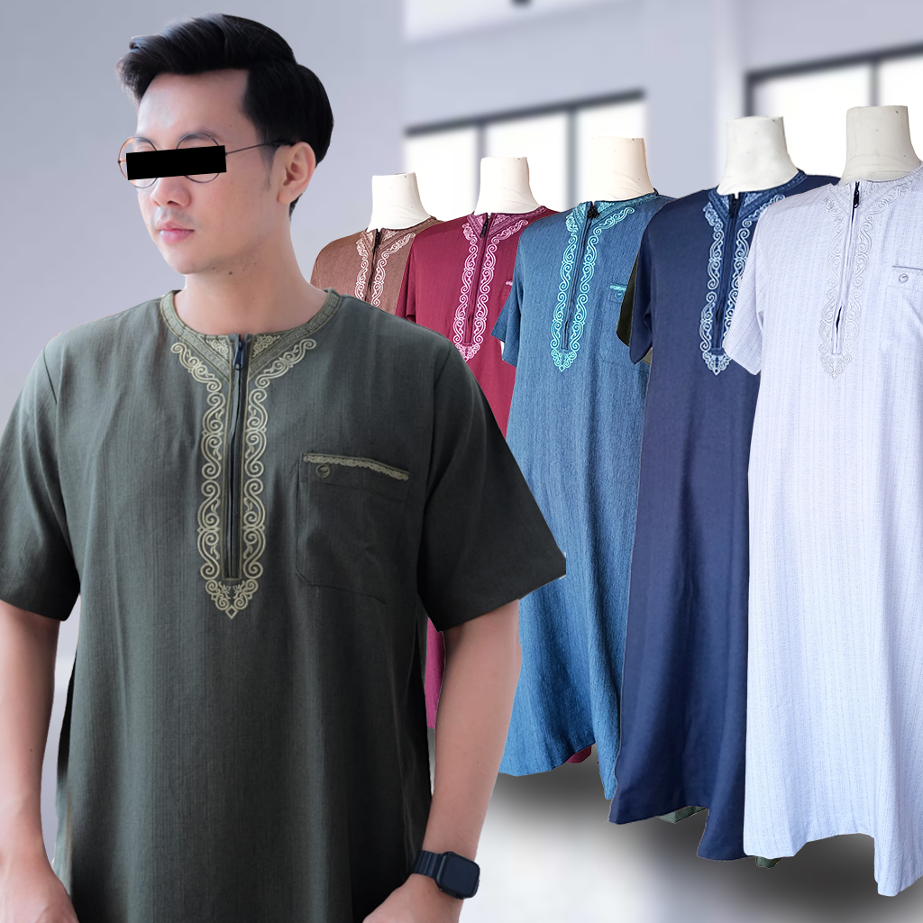 Jubah Gamis Pria Oblong Lengan Pendek Zipper Alfaruq By Ilnaaf