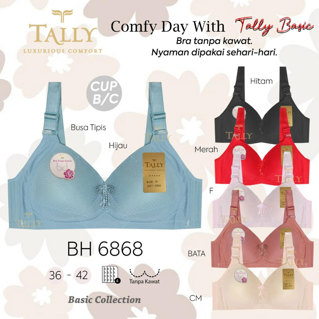 TALLLY BRA BH 6868 | CUP C | BUSA TIPIS | TANPA KAWAT | KAIT 3 | SIZE 36 - 42