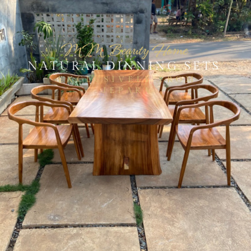 Meja makan set minimalis kekinian material meja kayu trembesi utuh tanpa sambung kombinasi kursi jat