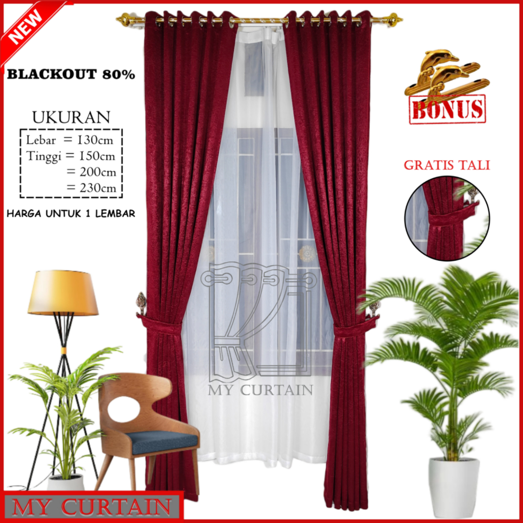Gorden jendela rumah bahan blackout glossy polos import serat embos merah maroon model smokring 6 li