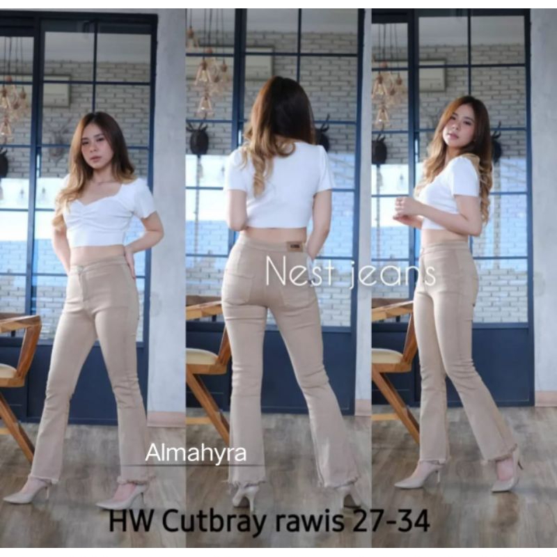 Almahyra hw002-Celana Jeans Wanita Cutbray Rumbai Kekinian-Celana Jeans Wanita Hig Waist Terbaru-Cel