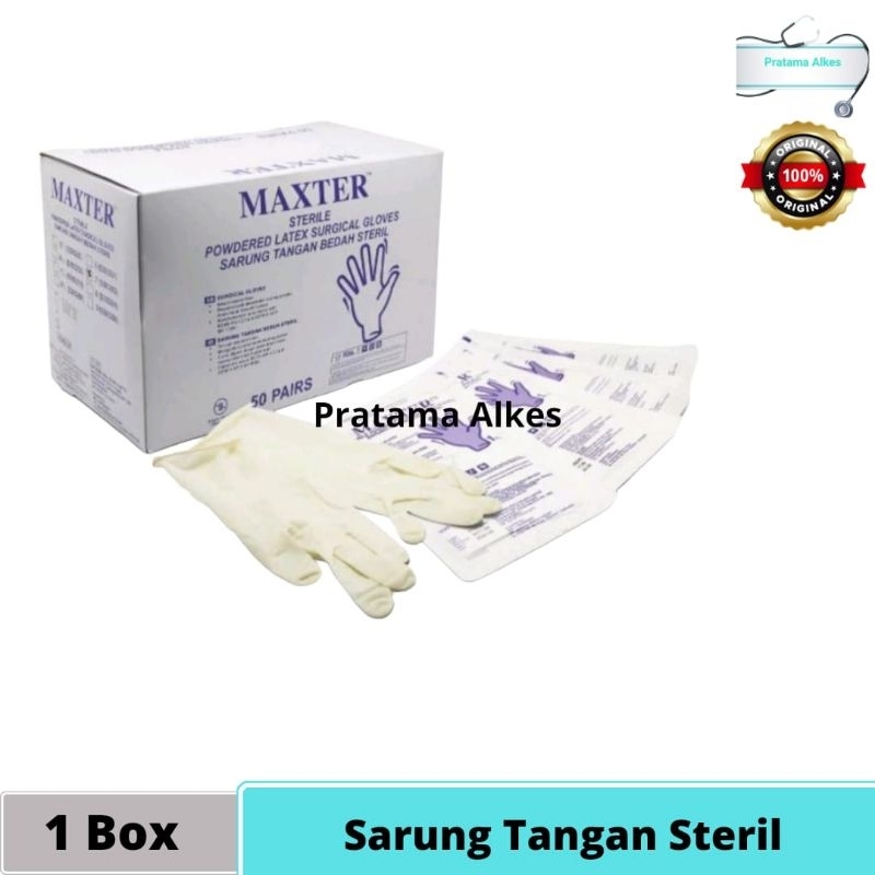 Per Box Sarung Tangan Maxter Steril Per Box isi 50 Pasang  Handscoon Sterile  Gloves Steril ukuran 6