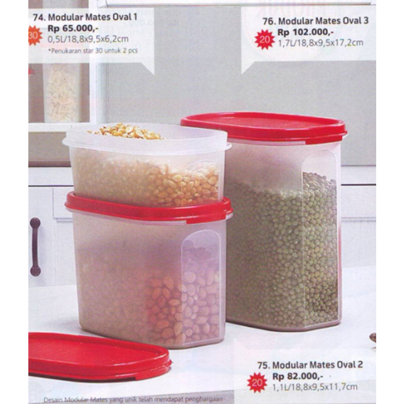 TUPPERWARE Modular Mates Oval 2 dan 3 (1.1L dan 1.7L) // Toples Plastik Bening Tutup Merah Penyimpan