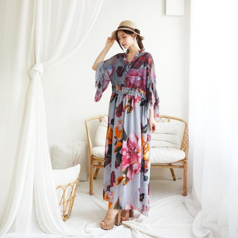 12517 Fashion Maxi dress dres lengan panjang bunga pink cantik mewah elegan hijab modern friendly mu