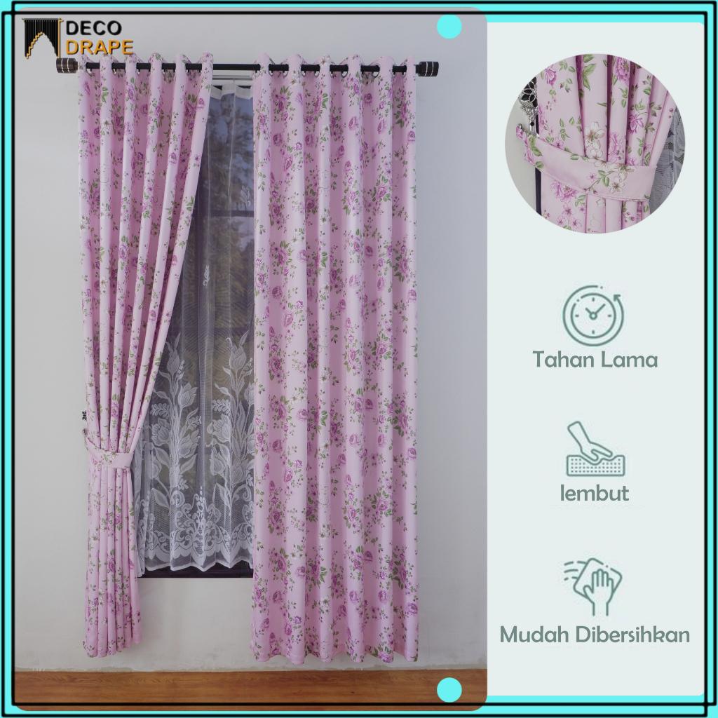 Gorden Jendela Kamar Cantik Motif Bunga Sakura Kain Blackout Kedap Suara 6 Gelombang
