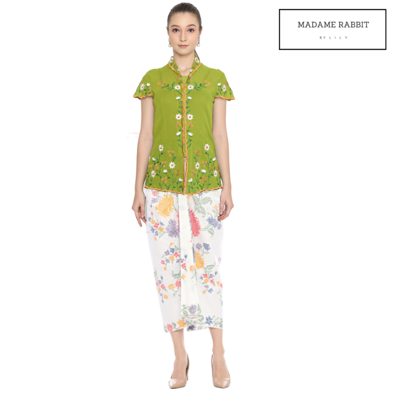 Paket Bundling Kebaya Olive Lengan Pendek dan Rok Batik Putih