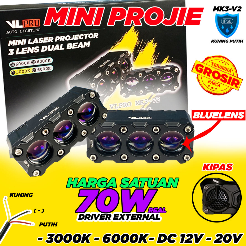 Harga Satuan Mini Projie 3 Mata BLUE LENS VLPRO MK3-V2 Bi-LED SQL Laser Gun Projector Double Color K