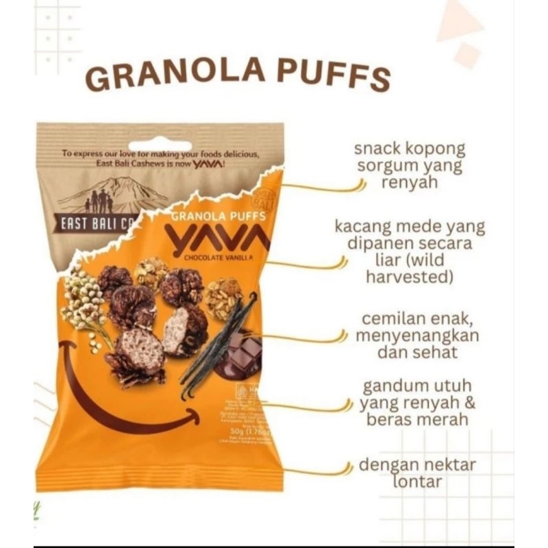 

yava granola puffs chocolate vanila 50 gr camilan sehat granola