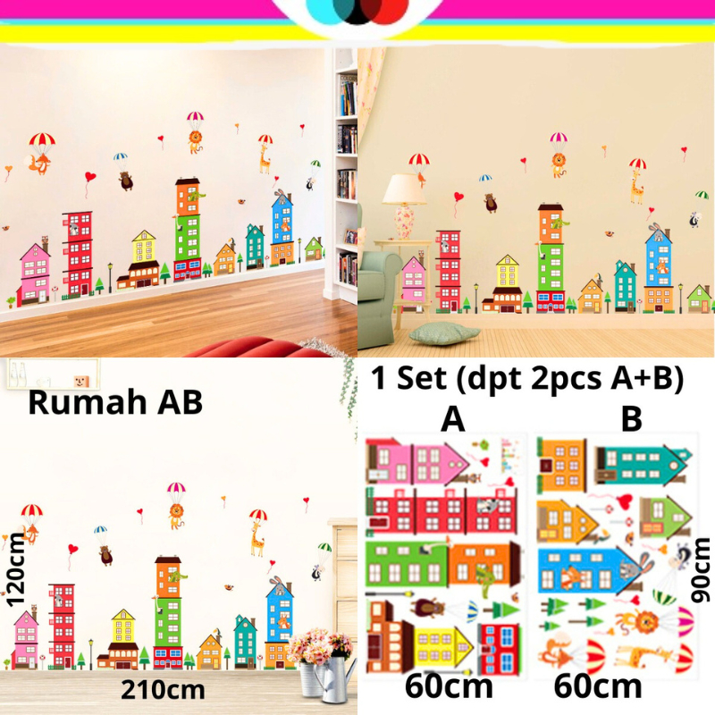 WALL STICKER WALLSTICKER STIKER DINDING DEKORASI MOTIF RUMAH HOME KOTA WARNA WARNI ANIMASI DEKOR HIA