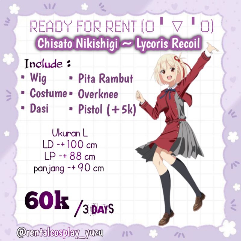 SEWA/RENTAL CHISATO NIKISHIGI LYCORIS RECOIL COSTUME COSPLAY ANIME JEPANG COSTUME ANIME MURAH COSPLA