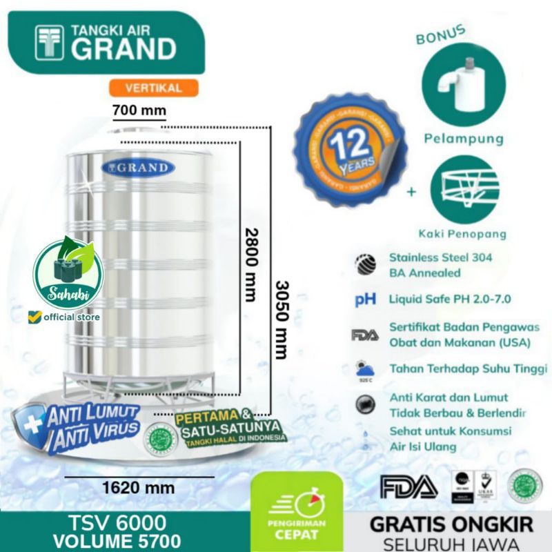 Tandon Air / Toren Air / Tangki Air Stainless Grand TSV 6000 Liter Anti Lumut & Bersertifikat Halal