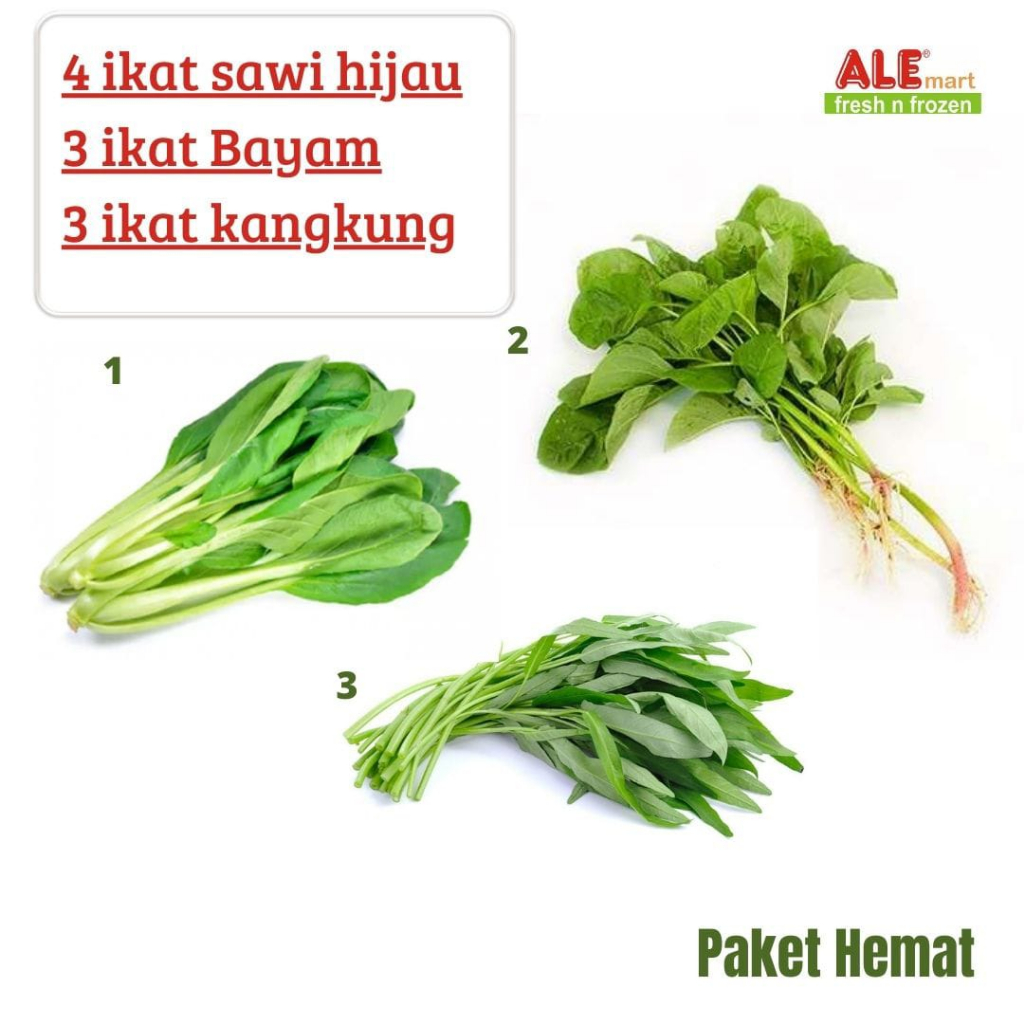 

Sayur sawi hijau (4ikat)+ sayur bayam (3ikat)+ sayur kangkung (3ikat), paket hemat
