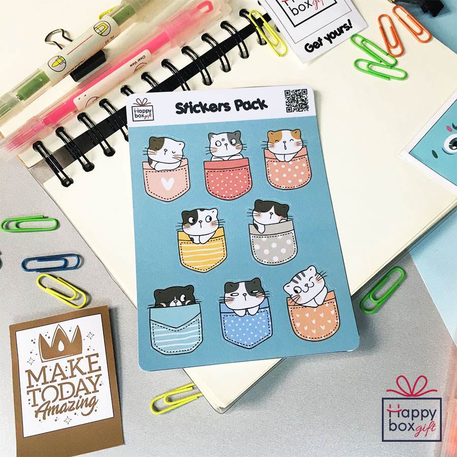 

8Pcs STICKER STIKER PACK AESTHETIC POCKET CAT JOURNAL DECOR LAPTOP