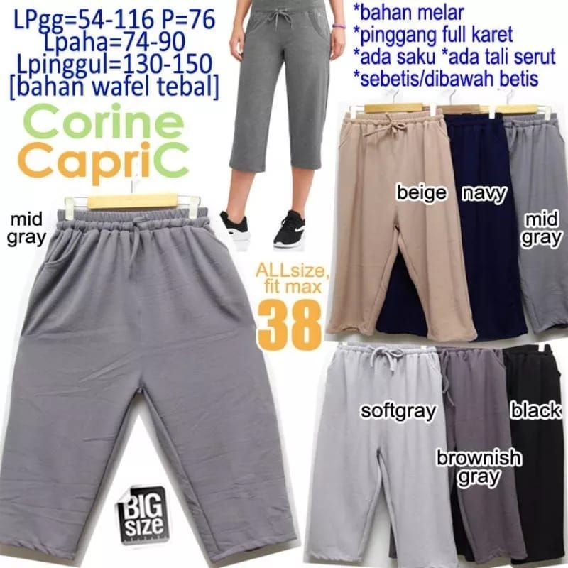 SALE Corine Capri C CELANA CAPRI WANITA BAHAN MELAR POLOS BASIC PINGGANG KARET BIG SIZE JUMBO FIT 38