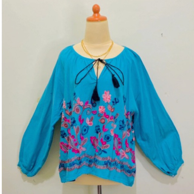 Atasan blouse vintage motif bunga flower floral ruffless model bohemian lengan balon bahan katun lin