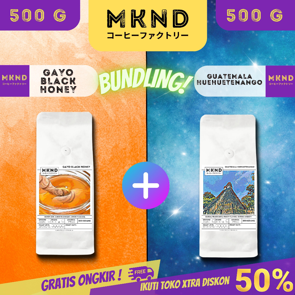 

MKND® BUNDLING HEMAT 2x500 KOPI ARABIKA ACEH GAYO BLACK HONEY + KOPI ARABIKA GUATEMALA HUEHUETENANGO PROMO DISCON | BIJI BUBUK | SINGLE ORIGIN | PREMIUM COFFE | ROASTED BEANS | MANUAL BREW | COFFE ROASTERY