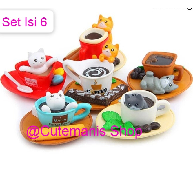 Mainan Figure Miniatur Pajangan Kucing Cangkir kopi Set Isi 6 Pcs