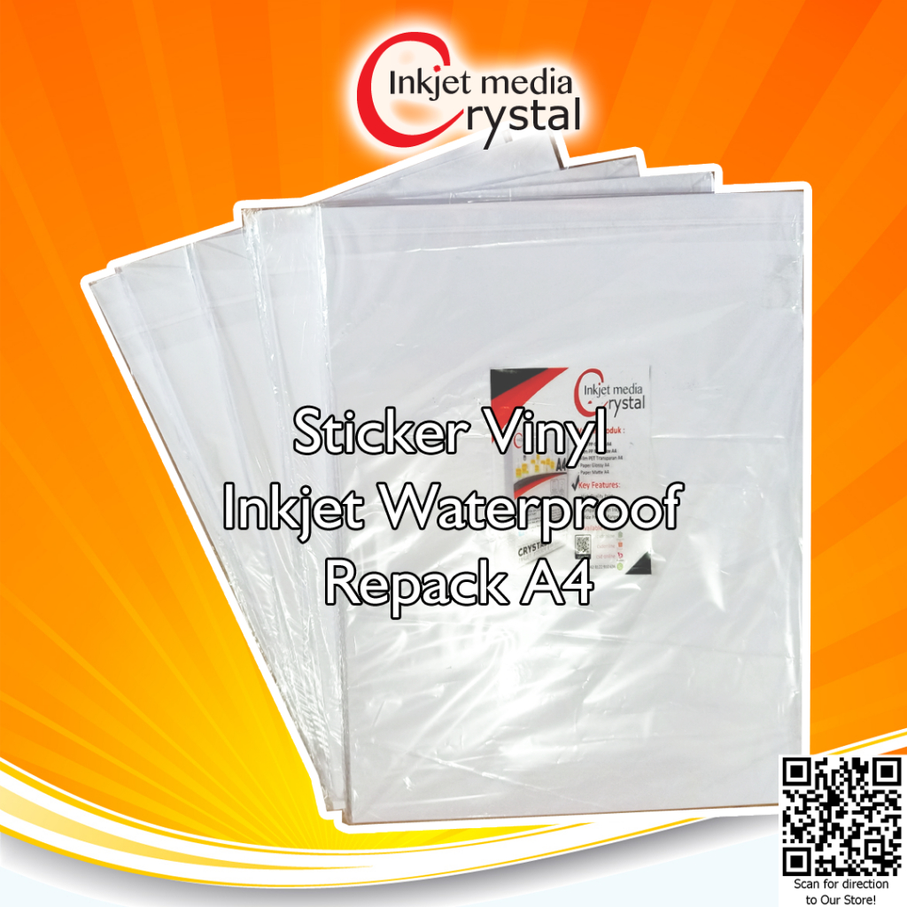 

Crystal - Sticker Vinyl Inkjet A4 Waterproof Synthetic White Gloss Premium Stiker Anti Air Tidak Mudah Sobek Repack - 50 Lembar