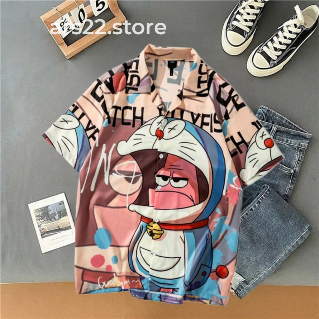Kemeja Motif Patrick Star Doraemon Original Terbaru Gaya Vintage Pria Wanita Lengan Pendek Kemeja Mo