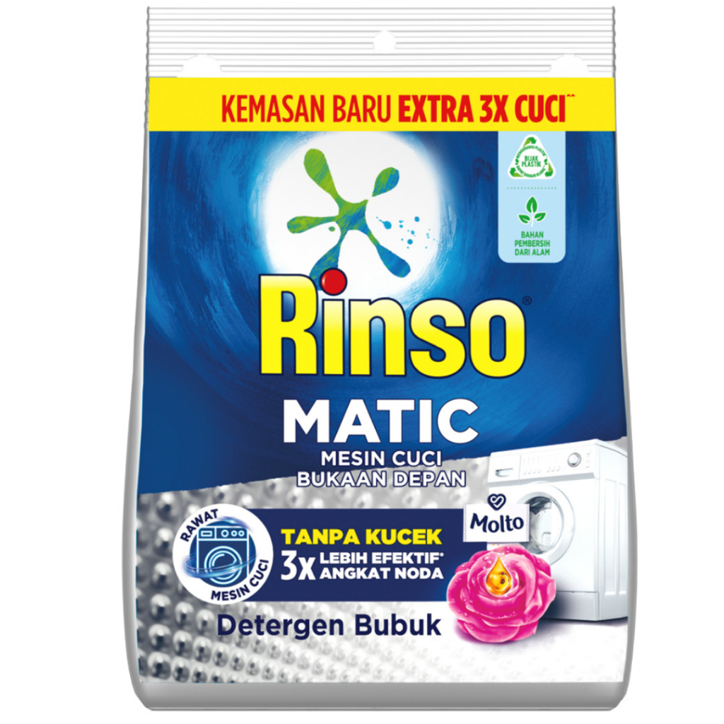 Rinso matic + molto deterjen bubuk mesin cuci bukaan depan 1 kg (900 gram)